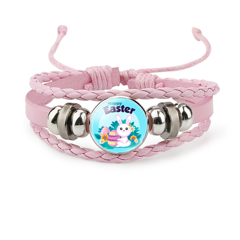 Wholesale Easter Rabbit Time Gemstone Pink Leather Multi Layer Woven Bracelet